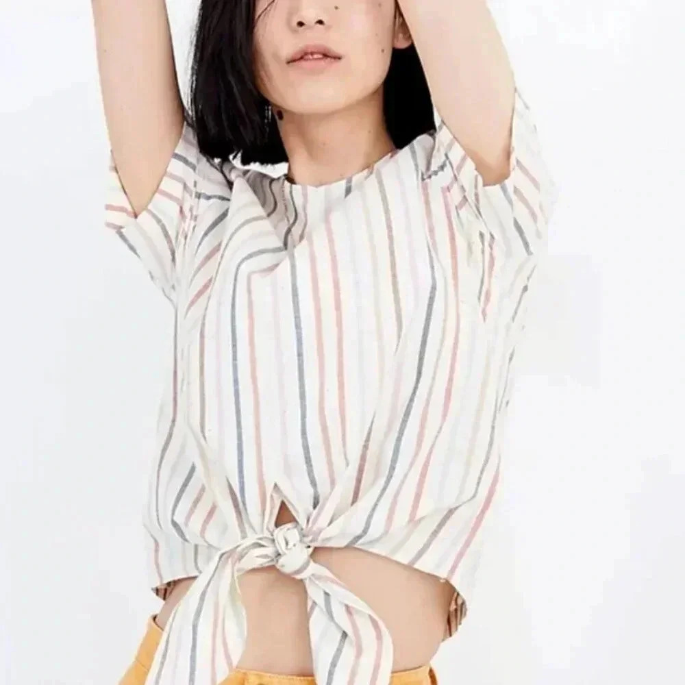 Madewell Striped Back Button Front Tie Top
